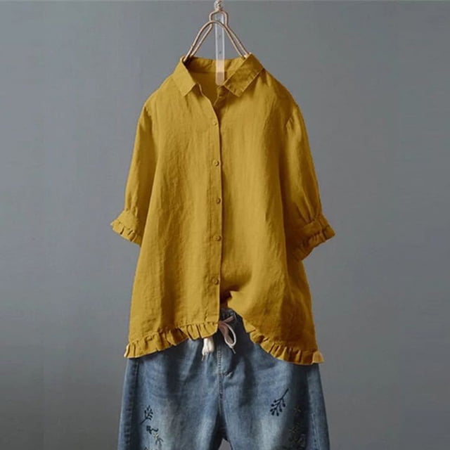 BVOFAR Women's Cotton Linen Button Down Shirts Summer Solid Color Blouses Trendy Casual 3/4 Sleeve Tops Ruffle Hem Plus Size T-Shirts