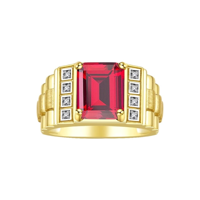 RYLOS Men's Rings Yellow Gold Plated Silver Designer Style 10X8MM Emerald Cut Shape Gemstone & Diamonds Ruby July Birthstone Rings For Men Size 11