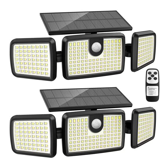Lumières Solaires Extérieures, Lumières Solaires à 3 Têtes avec 2500LM 218 LEDs Haute Luminosité, Panneau Solaire en Verre Trempé Intégré, Inducteur de Mouvement Sensible (Lot de 2)