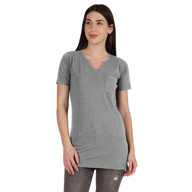 Inkmeso Long Length Notch Neck Top For Women Basic Cotton Tee Shirt w/ Pocket Patch Legging Top