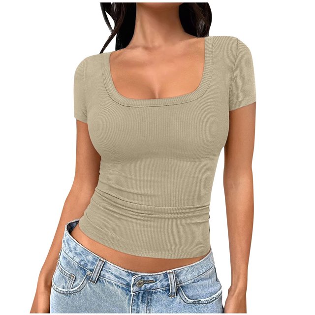 Plebaso Womens Square Neck Ribbed Crop Tops Short Sleeve Slim Tshirts Casual Knit Summer Basic Tee Tops