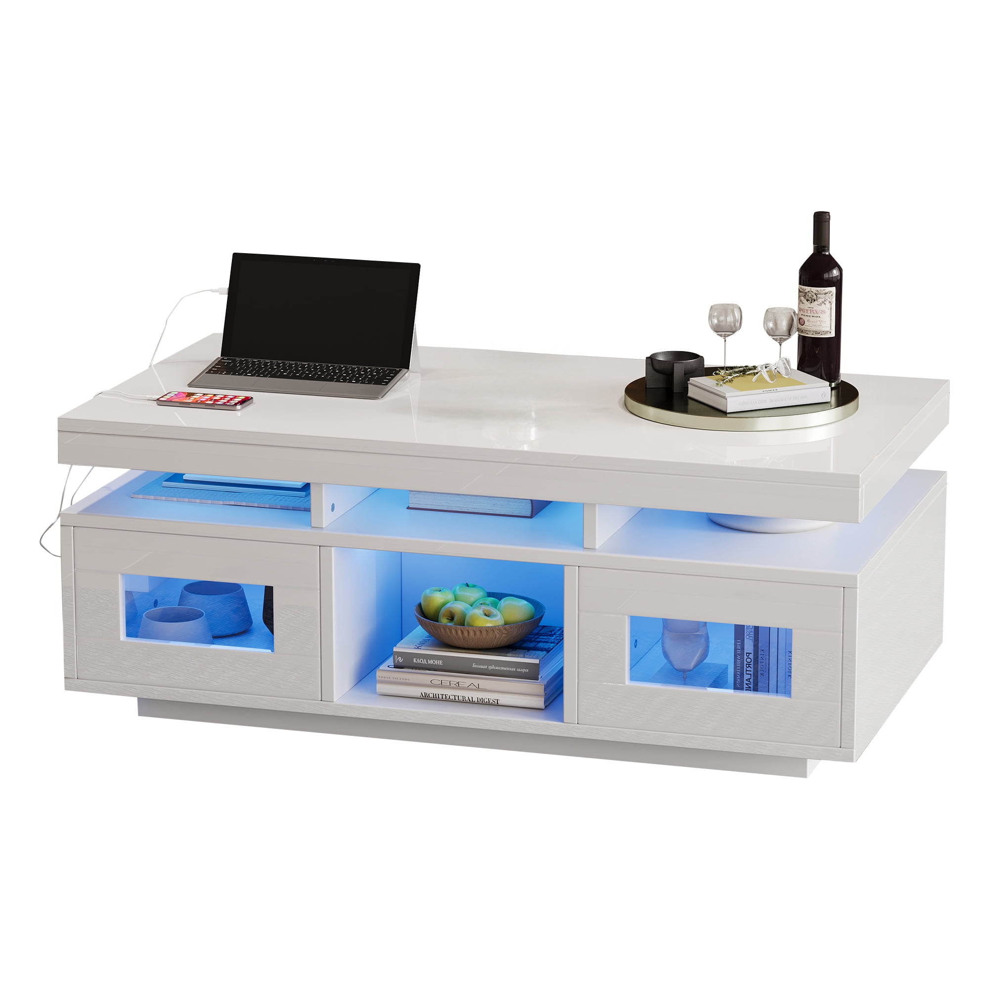 Noble House Table basse haute brillance avec lumières LED, Ports et prises USB, Centre 2 portes et Table d’appoint canapé, blanc
