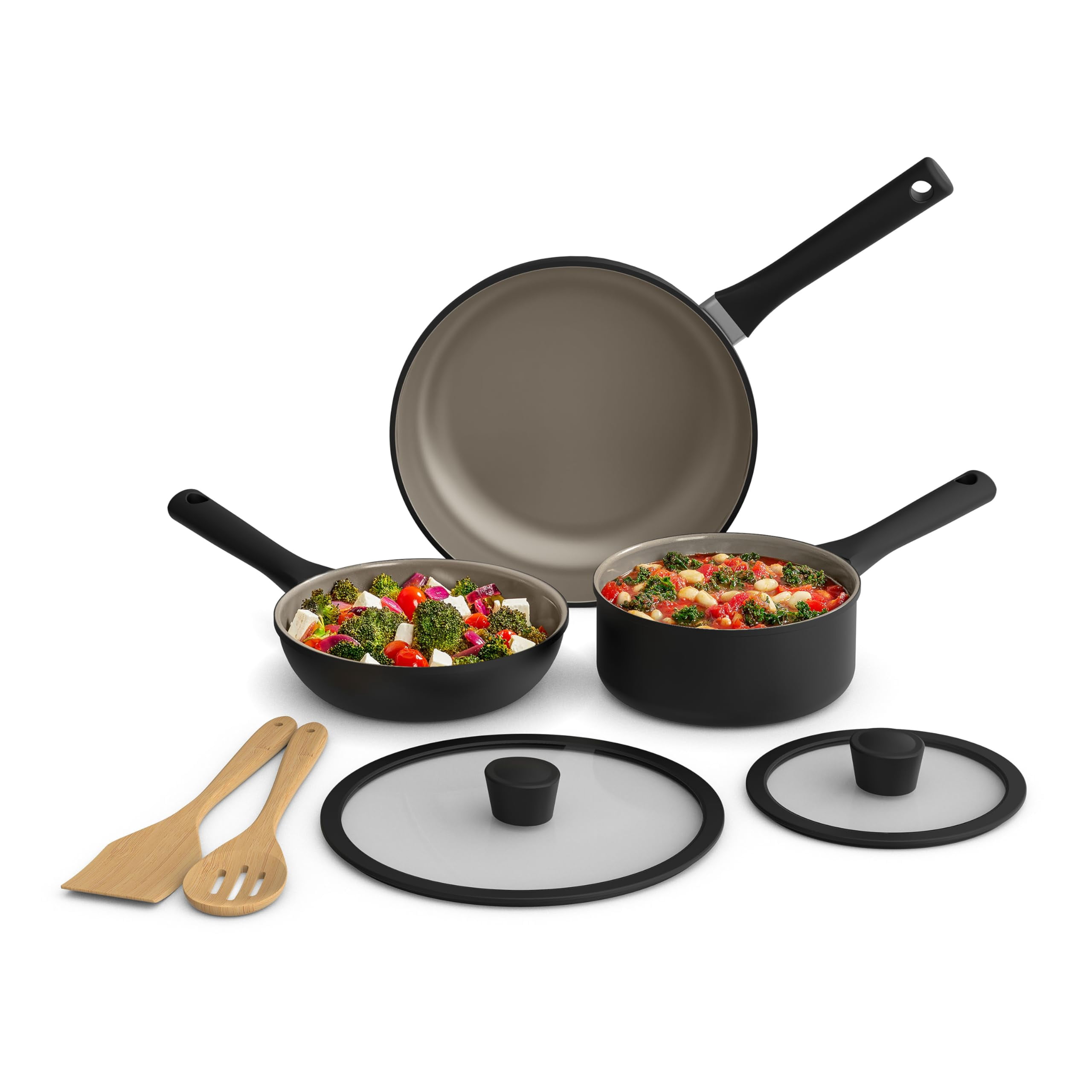 bella 7 Piece Cookware Set with EverGood Ceramic Nonstick Coating Dishwasher Safe Oven Safe All Stovetops Compatible Glass Lids with Silicone Rims Cool Touch Handles Black