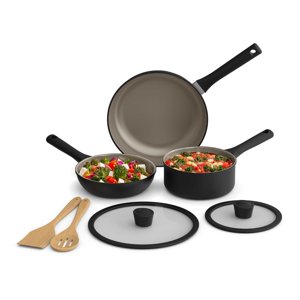 bella 7 Piece Cookware Set with EverGood Ceramic Nonstick Coating Dishwasher Safe Oven Safe All Stovetops Compatible Glass Lids with Silicone Rims Cool Touch Handles Black