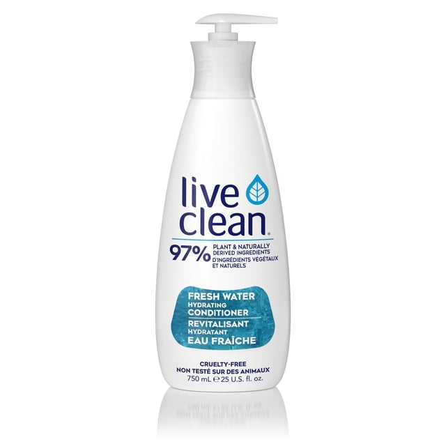 Live Clean Fresh Water Hydrating Conditioner in a white 750 mL pump bottle with blue text and water droplet logo, made with 97% plant and naturally derived ingredients, cruelty-free and vegan formula ideal for hydrating and revitalizing hair, often used for daily hair care routines.