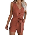 thumbnail image 1 of biudgviw Women's Plus Size Rompers Summer Casual V Neck Button down Belted Sleeveless Jumpsuits Loose Short Overalls with Pockets, 1 of 6