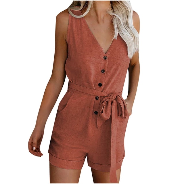 biudgviw Women's Plus Size Rompers Summer Casual V Neck Button down Belted Sleeveless Jumpsuits Loose Short Overalls with Pockets