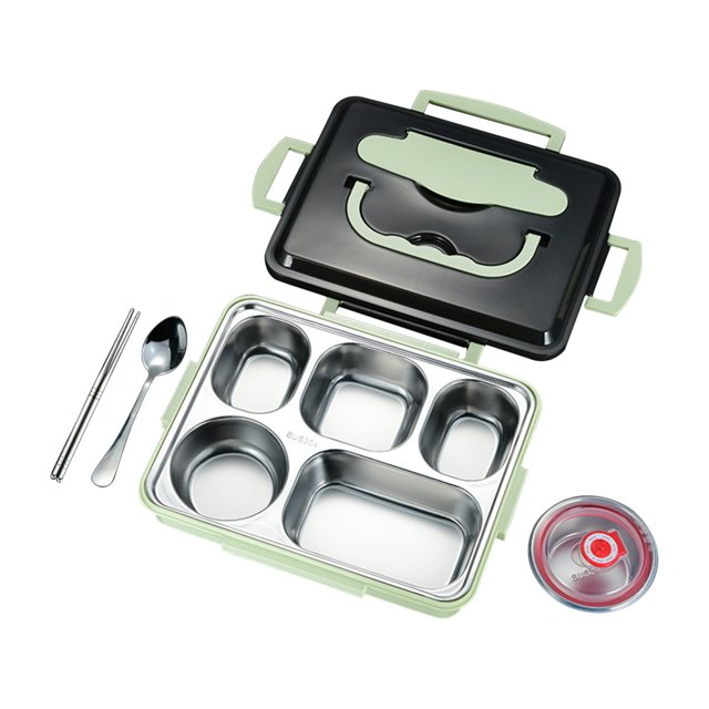 Renjiang Large Stainless Steel Lunch Container with a five-section design for holding various foods. Features a green base, black lid with a mobile phone holder, and includes a soup bowl, spoon, and chopsticks. Made of durable stainless steel, it is dishwasher safe and has thermal insulation properties. Leak-proof with silicone sealing rings and four-sided snaps for secure closure. Ideal for picnics, school, or camping.