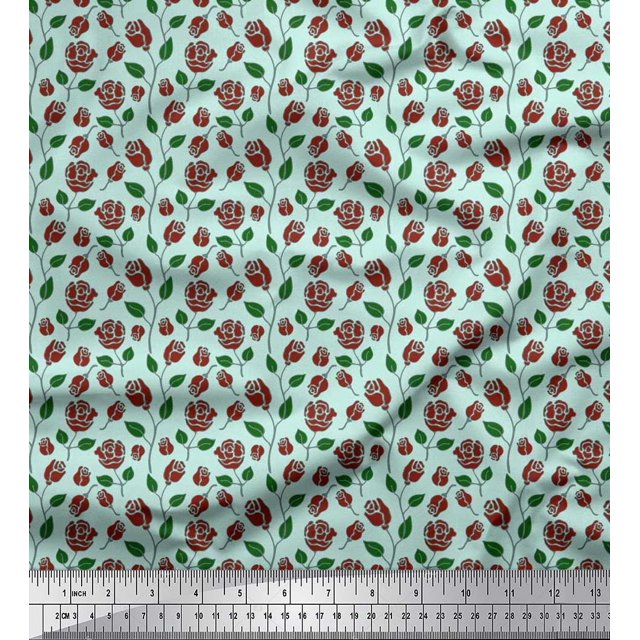 Soimoi Tissu en Coton Canard Feuilles & Roses Imprimés Floraux au Mètre 56 Pouces de Large