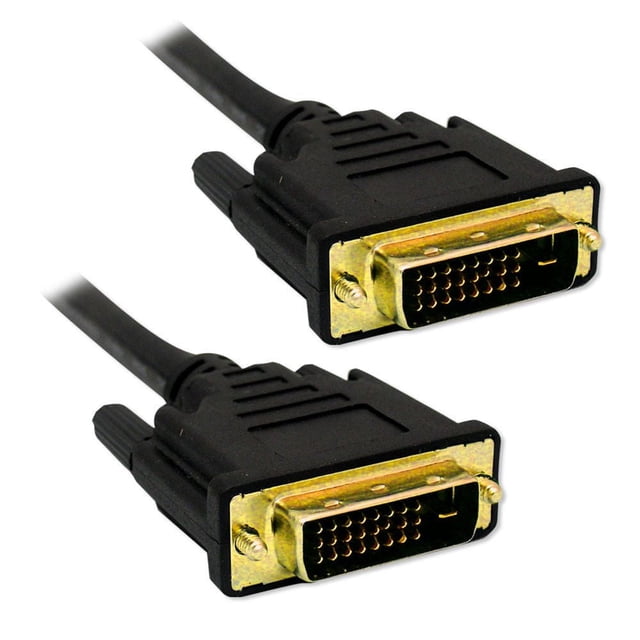 DVI-D Dual Link Cable M/M - 6ft with two black male connectors featuring gold-plated pins and screws, designed for digital video interface connections between computers and displays, supporting 330 MHz bandwidth and suitable for precise pixel-for-pixel image transmission.