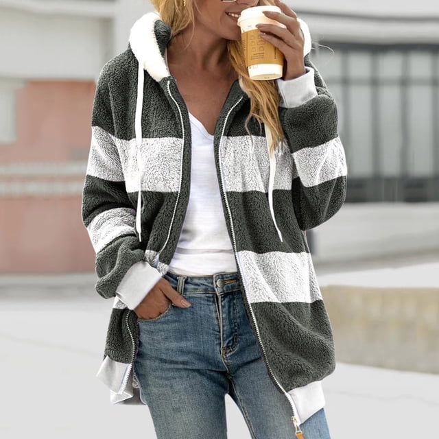 TIMIFIS Womens Winter Fuzzy Fleece Jacket Hooded Color Block Patchwork Cardigan Coats Outerwear Fashion-GreenFall/Winter