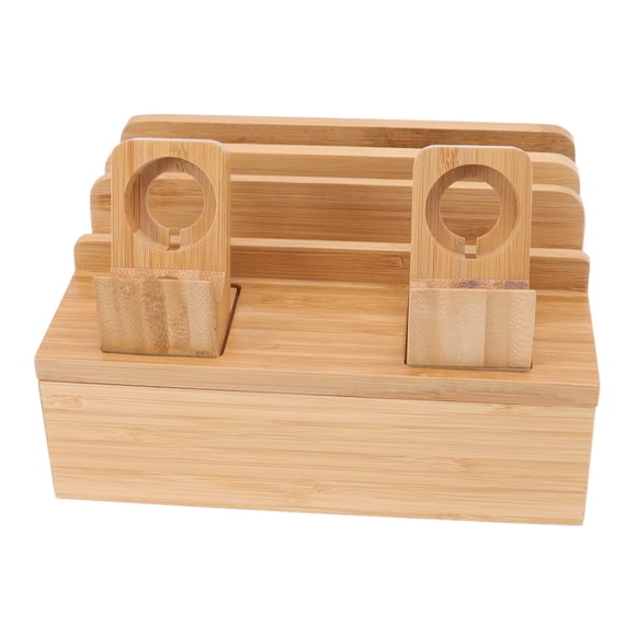 Bamboo Wood Charging Station, Slip Resistance Magnetic Design Save Space 5 Ports Charging Dock Decorative For Dorm For Tablets For Watches For Home Black,Natural Color