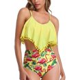 thumbnail image 2 of Women High Waisted Bikini Ruffle Swimsuit Flounce Pom Pom Trim Two Piece Bathing Suit Yellow&flamingo (L, 2 of 7