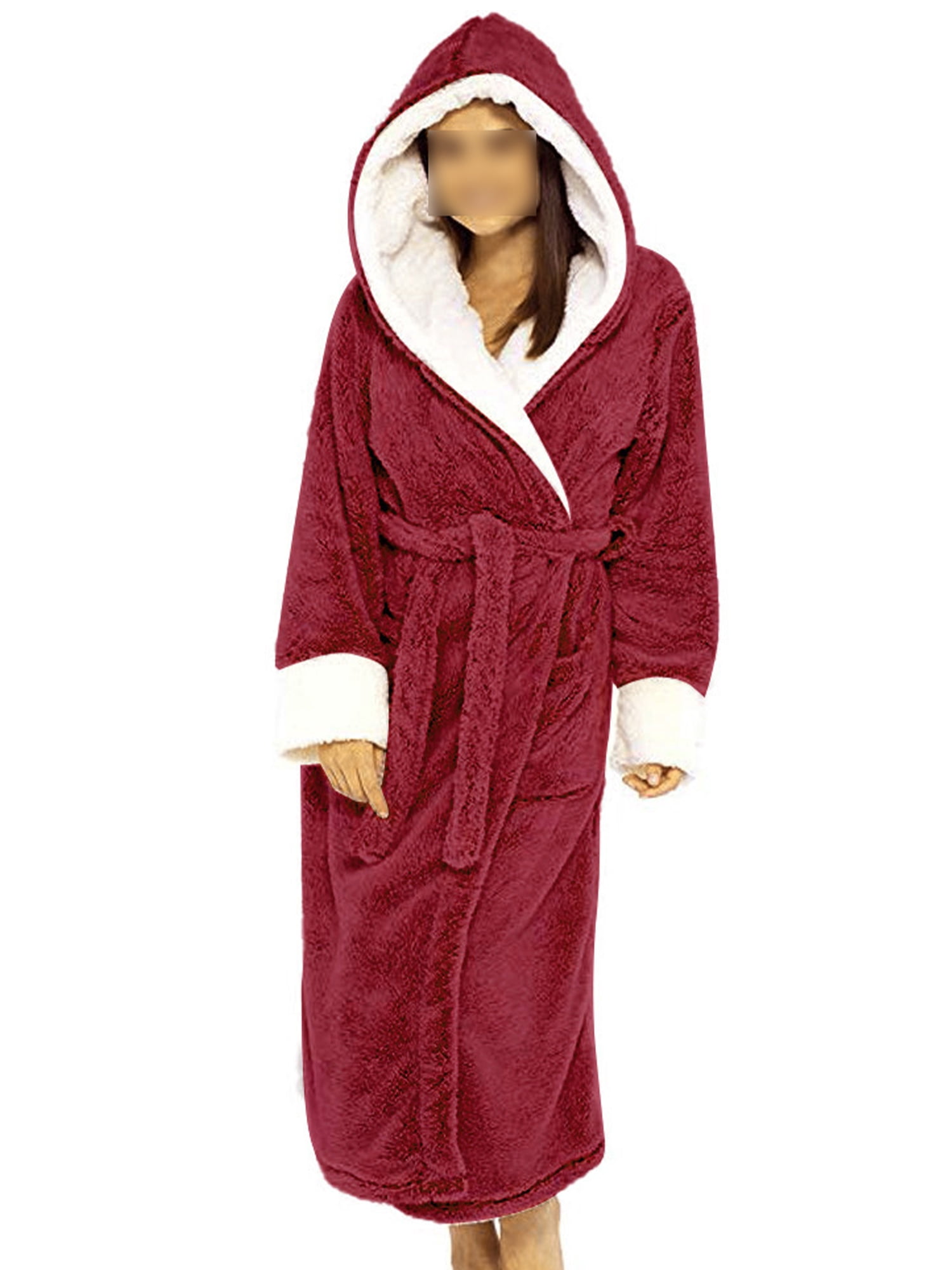 Fashnice Women Sleepwear Long Sleeve Sherpa Robes Solid Color Fuzzy Plush Bathrobe Warm Sleeping Fleece Robe Red 2XL