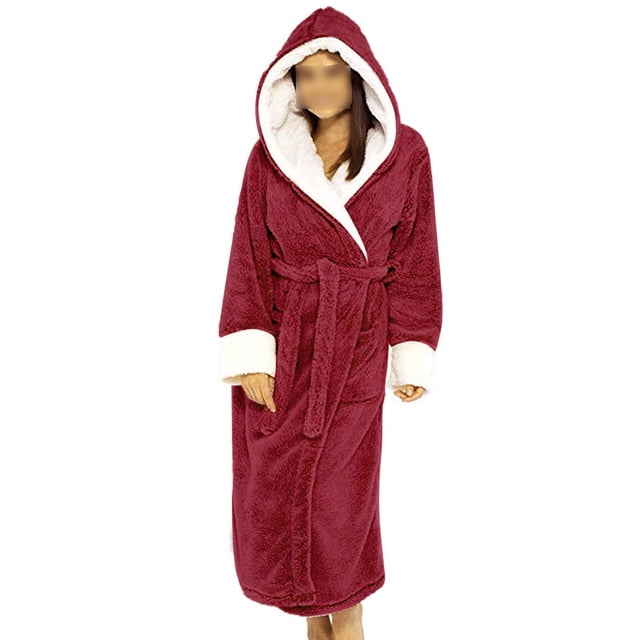 Fashnice Women Sleepwear Long Sleeve Sherpa Robes in solid red color, featuring a fuzzy plush texture, hooded neckline, belted waist, and long sleeves. Made from 65% cotton and 35% polyester, this fleece robe is ideal for women's loungewear, bathrobe use, and casual home wear during spring, autumn, and winter.