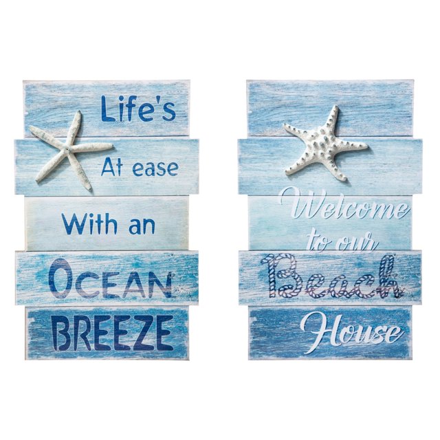 Panneau Mural en Bois 2 Pcs, Étoile de Mer Embossée, Citations de Plage, Blanc, Bleu