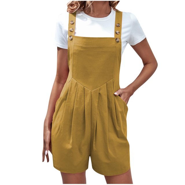 hoksml Women Overalls Solid Color Pocket Button Sleeveless Jumpsuit Pleated Bodysuit Playsuit Summer Rompers 2025 on Clearance
