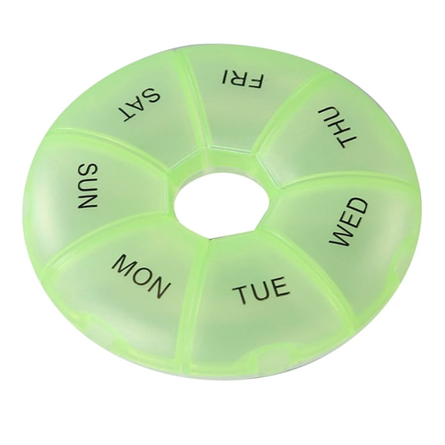 LSLJS Weekly (7-Day) Pills Case, a compact and portable pill dispenser and organizer with seven labeled compartments for daily medication. Made of durable, food-grade plastic with clear lids for visibility and braille markings for accessibility. Each compartment holds up to 10 aspirin-sized tablets, ideal for travel or daily use.