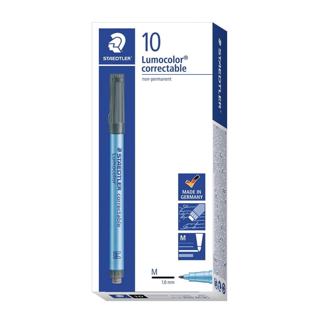 Staedtler Lumocolor Black Correctable Pens 10 pieces box showing one blue pen with a 1 mm medium tip, non-permanent dry erase ink suitable for whiteboards, laminates, and write-on films, featuring an integrated eraser and made in Germany.