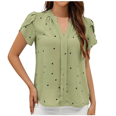 AherBiu Womens Tops Dressy Casual Notch V Neck Heart Printed Petal Sleeve Shirts Chiffon Blouse