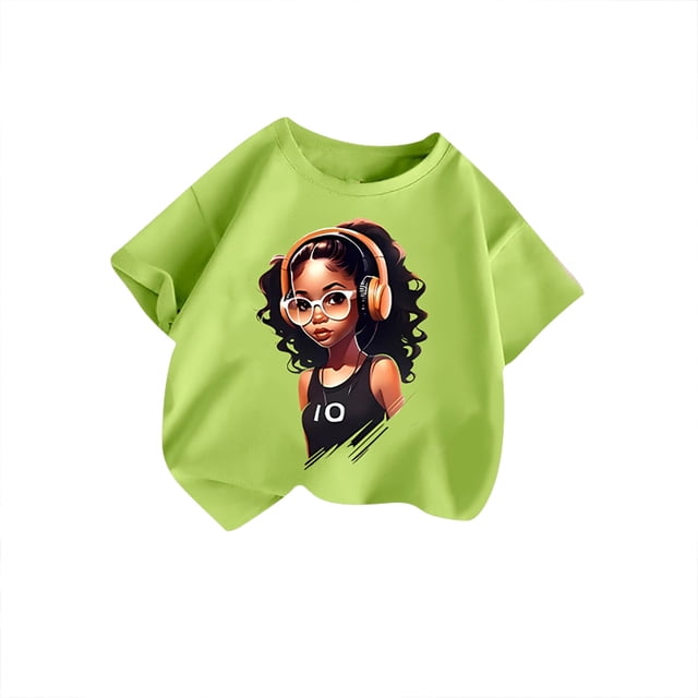 MEZZALL T-Shirt Graphique Mignon pour Fille, Col Rond, Manches Courtes, Tee d'Été Décontracté, T-Shirts Hauts, Vert Pâle, 5-6 Ans