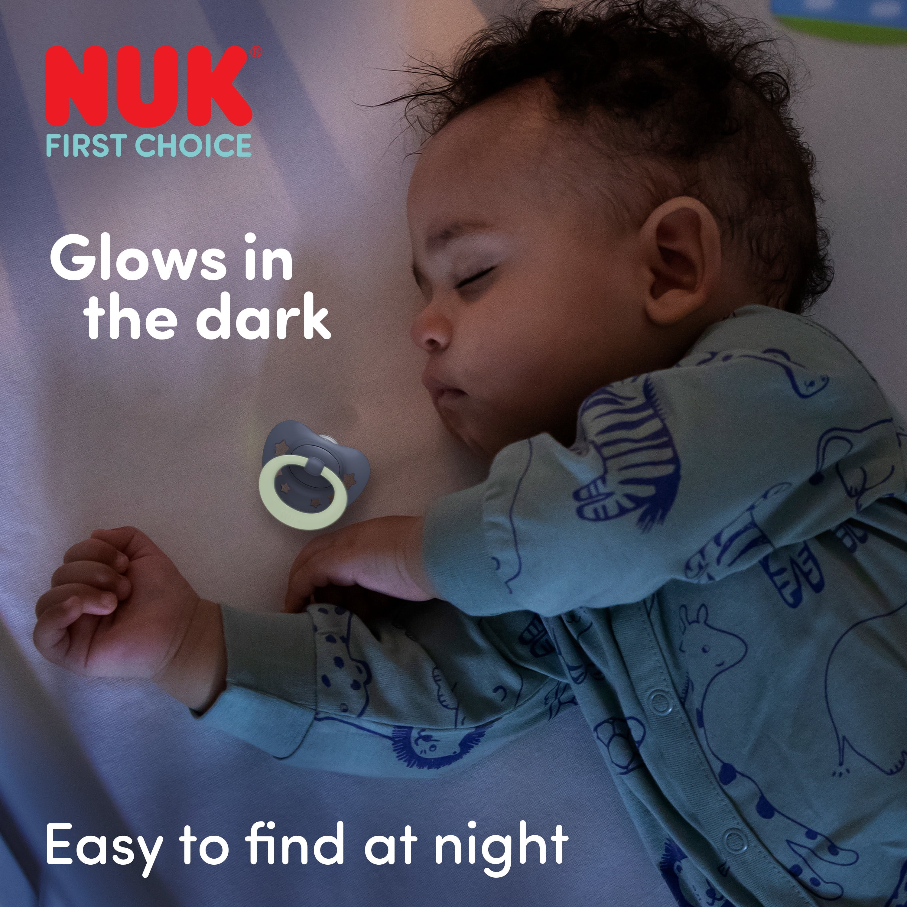 NUK First Choice Classic Night Baby Pacifiers, 6-18 Months, Orthodontic Pacifiers that Glow in the Dark, 95% Baby Acceptance**, Blue, 2 Count
