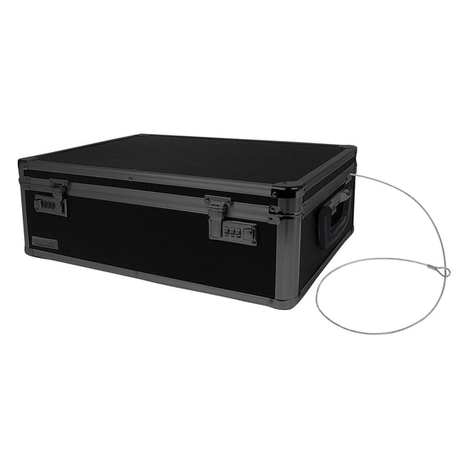 Vaultz - Coffre de Rangement - Tactique en Noir avec Bords Métalliques Renforcés, Verrous à Double Combinaison à l'Avant, une Poignée Latérale et Câble de Sécurité Attaché, Mesurant 19 X 6,5 X 13,5 Pouces à l'Extérieur, Convient au Rangement Sécurisé des Ordinateurs Portables, Tablettes et Objets de Valeur dans les Résidences Étudiantes.