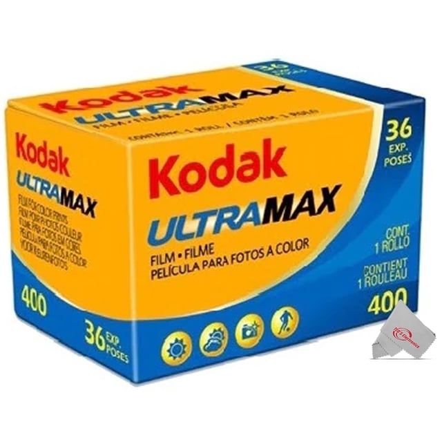 Kodak Ultramax 400 35mm Film, 36 Exposures. A single roll of daylight-balanced color negative film with ISO 400 sensitivity, packaged in a yellow and blue box. Features include rich saturation, optimized skin tones, fine grain, and wide exposure latitude, suitable for portraiture, outdoor photography, scanning, and enlarging.
