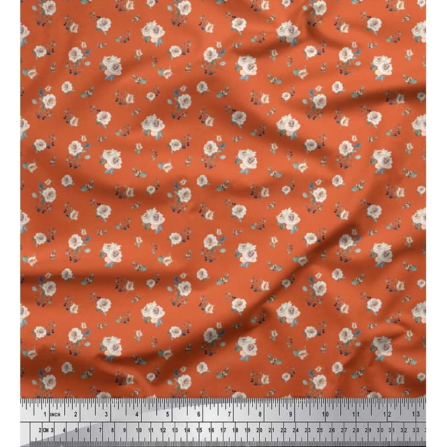 Soimoi Tissu Crêpe polyester Orange Imprimé Feuilles & Roses 1 Yard 52 Pouces de Large