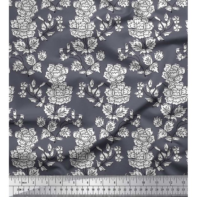 Soimoi Crepe Silk Fabric Leaves & Floral Block Print Sewing Fabric Yard 42 Inch Wide