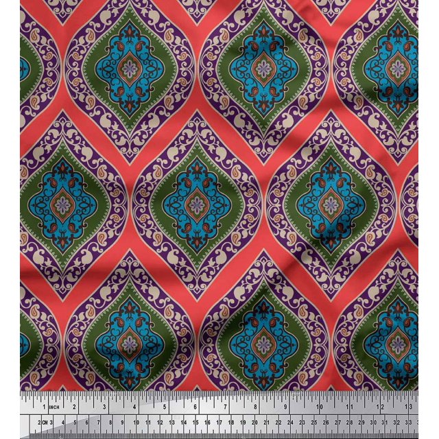 Soimoi Orange polyester Crepe Fabric Seamless Damask Print Sewing Fabric Yard 52 Inch Wide