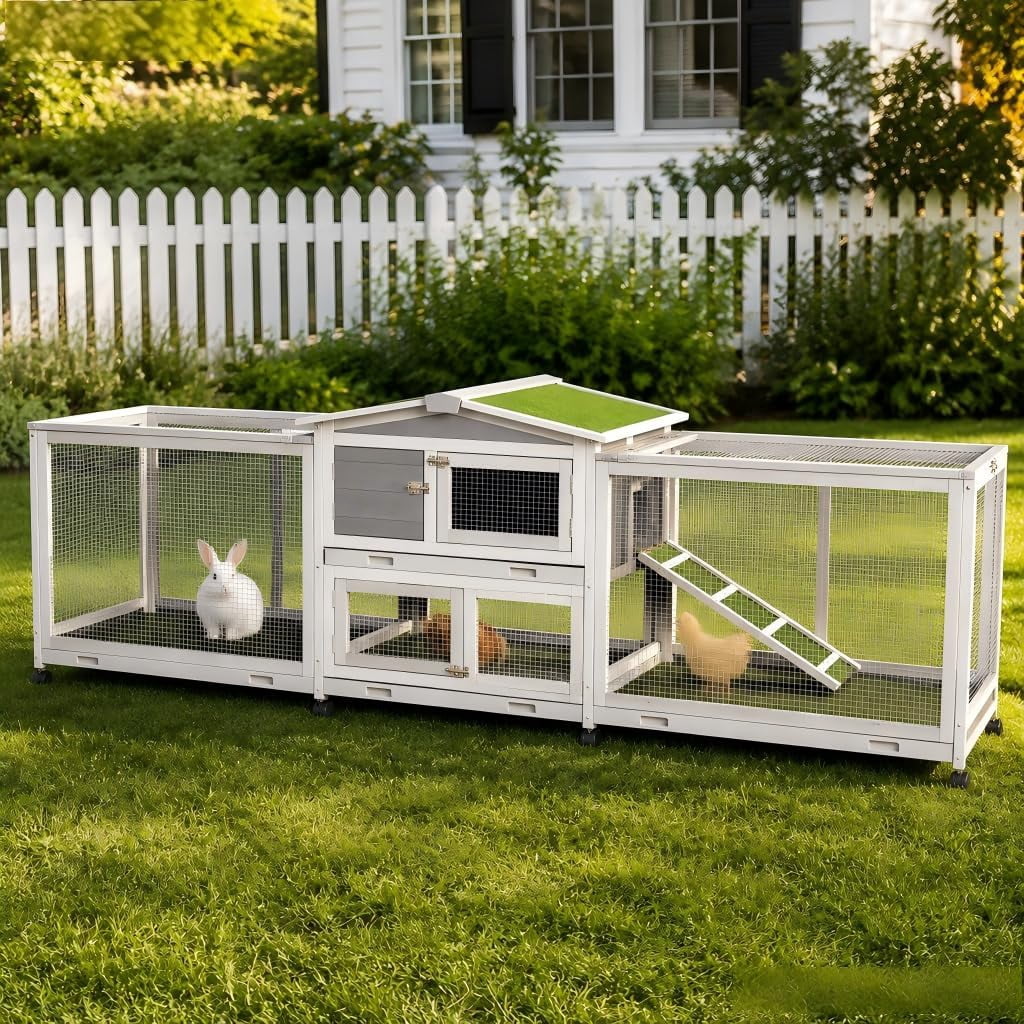 YODOLLA 94.5" Large Wooden Rabbit Hutch, 2-Story Bunny Cage with 8 Locking Wheels & Removable Tray, Indoor Outdoor for Guinea Pigs & Small Animals