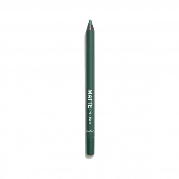 GOSH - Matte Eye Liner - 012 Forest Green, a matte finish eyeliner pencil in deep forest green with a sharpened tip and white branding text, designed for precise, intense colour application to create sophisticated or dramatic eye makeup looks, also suitable for blending into smokey eyes.