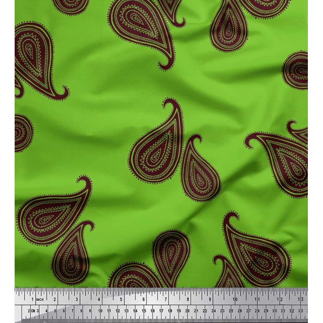 Soimoi Voile de Coton Vert Tissu Imprimé Cachemire Bordeaux 1 Yard 56 Pouces de Large