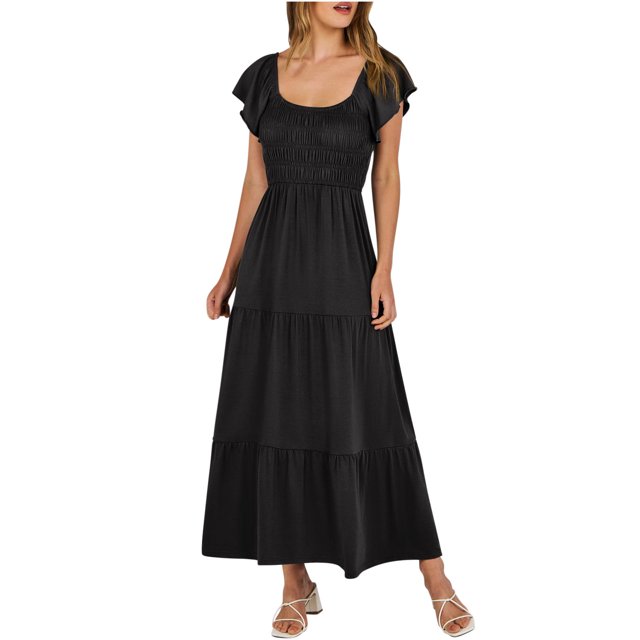 Yuyuzo Robe Décontractée d'Été 2024 pour Femme, Manches Courtes, Longue, Encolure Carrée, Coupe Ample et Fluide, Robe Maxi de Plage