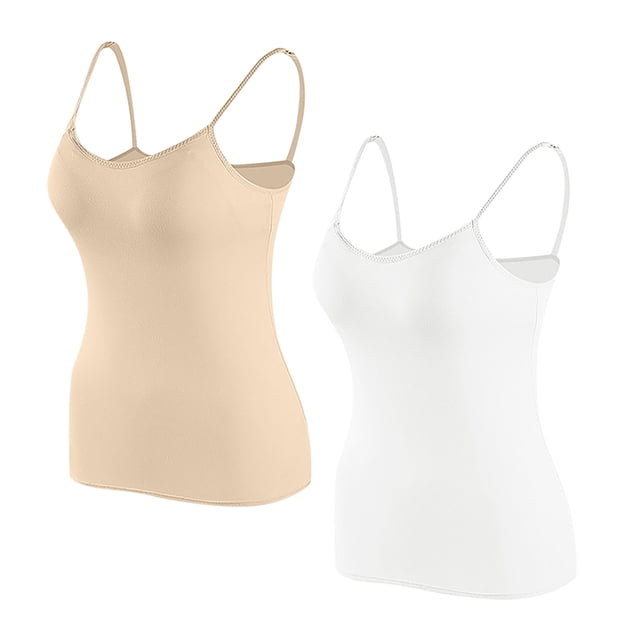 Timegard Camisoles pour Femmes 2 Pcs avec Soutien-Gorge Intégré Col Rond Bretelles Spaghetti Ajustées Douces Maillots de Corps Décontractés Hauts de Pyjama