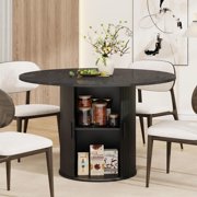47" Round Dining Table with Storage – Kitchen or Dining Table for 4 with 2-Tier Shelf and Wood Slide Door
