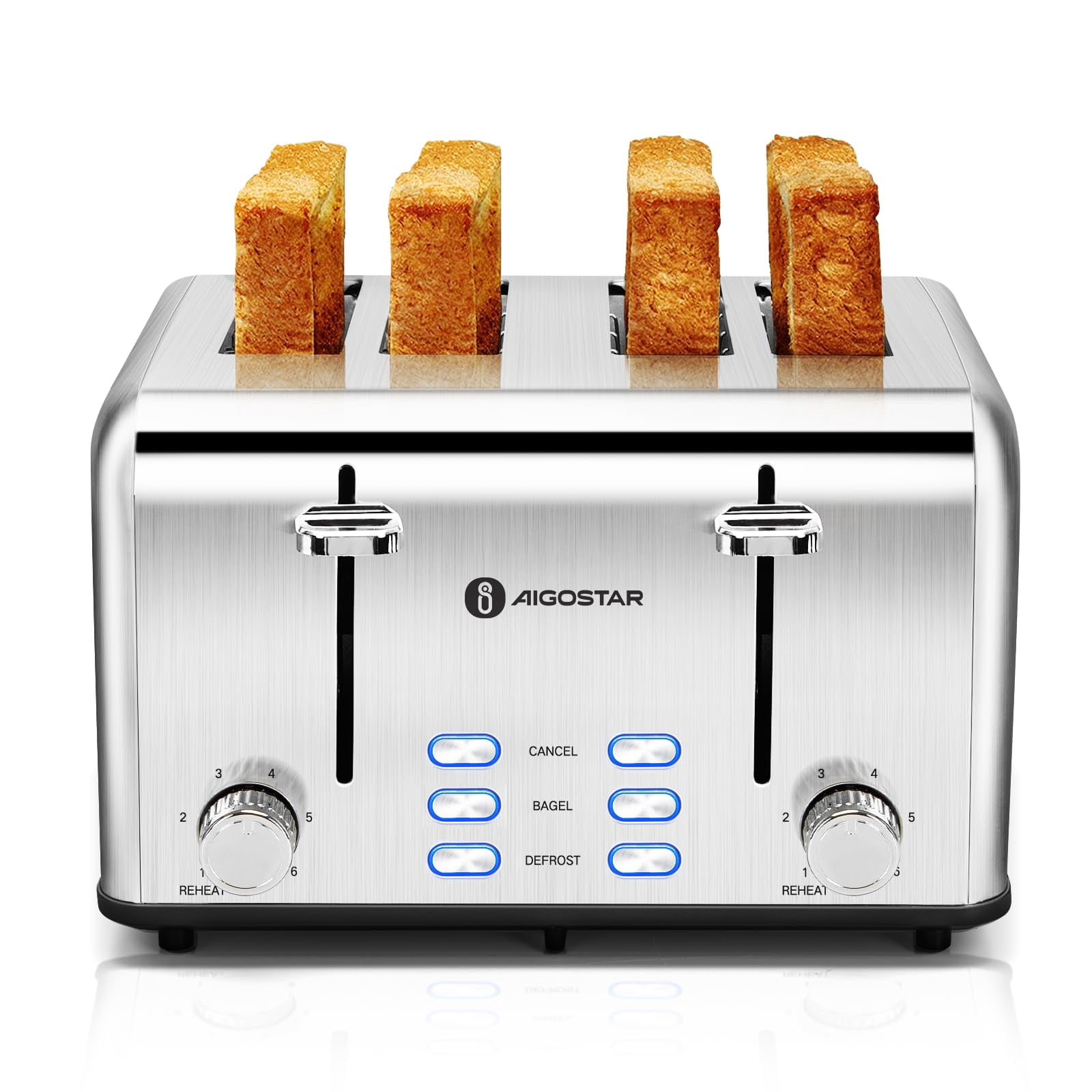 Aigostar Toaster 4 Slice 1.6" Wide Slot Stainless Steel Toasters with Bagel, Reheat, Cancel, Defrost Function, 6 Shade Settings, Removable Crumb Tray