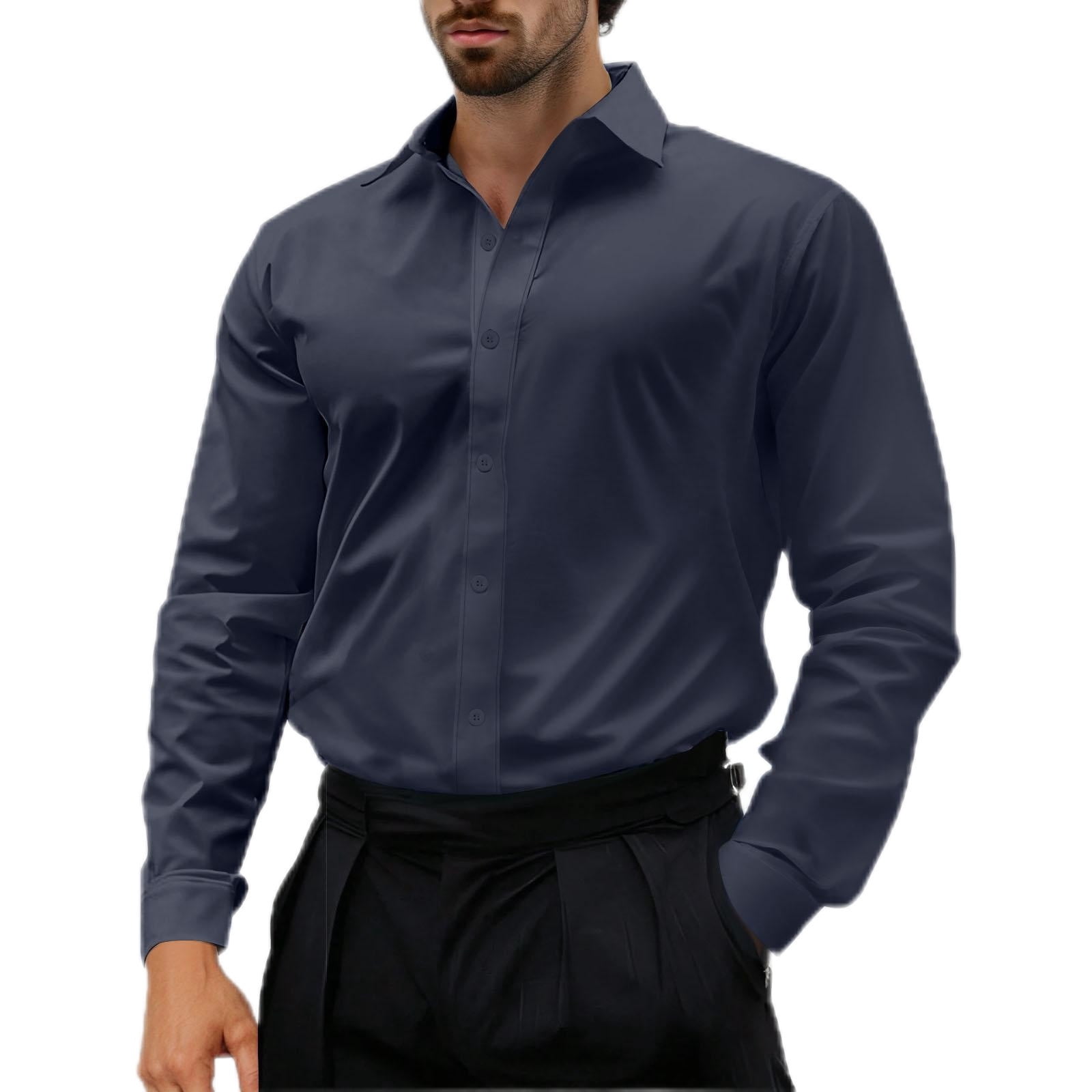 Admvng Compression Shirt Men Solid Wrinkle-Free Long Sleeve Regular Fit Button Down Shirt S-2XL