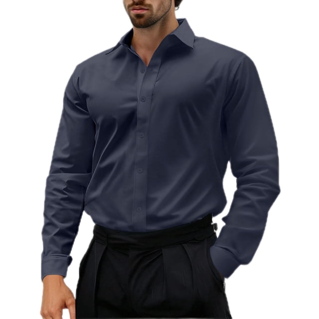Admvng Compression Shirt Men Solid Wrinkle-Free Long Sleeve Regular Fit Button Down Shirt S-2XL