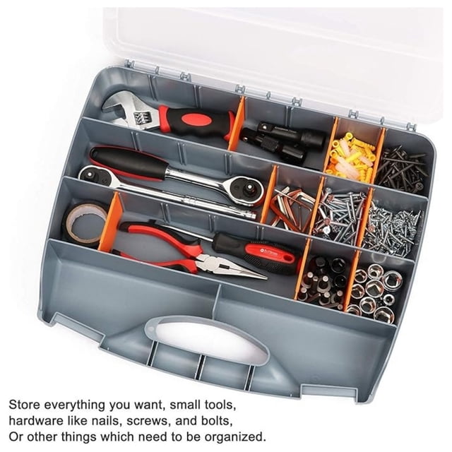 Small Parts Organizer, 21-Compartment Double Side Tools Organizer Box with 24 Removable Dividers. This multicolour PP hardware storage box features a clear lid, orange dividers, and a grey body. It includes 21 adjustable compartments and 2 fixed sections, ideal for storing nuts, bolts, screws, nails, and other small hardware. The transparent cover allows easy visibility of contents, while the secure latches and portable handle ensure safe and convenient transport. Approximate dimensions: 15” L x 12.9” W x 2.9” H.
