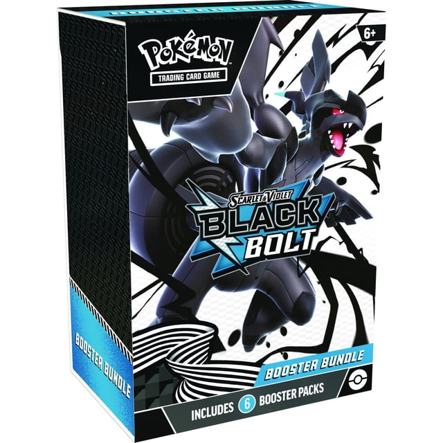 Pokemon TCG: Scarlet & Violet—Black Bolt Booster Bundle box featuring a black and blue armored dragon-like Pokémon with red eyes and open mouth, includes 6 trading card booster packs, suitable for ages 6 and up.