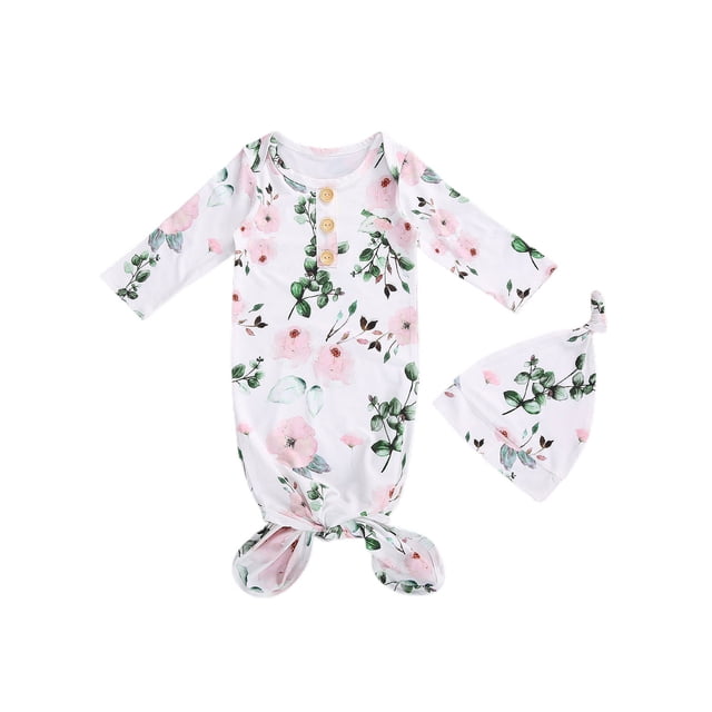 Xingqing 2PCS Newborn Infant Baby O-Neck Floral Cartoon Print Sleeping Pocket Round Hat