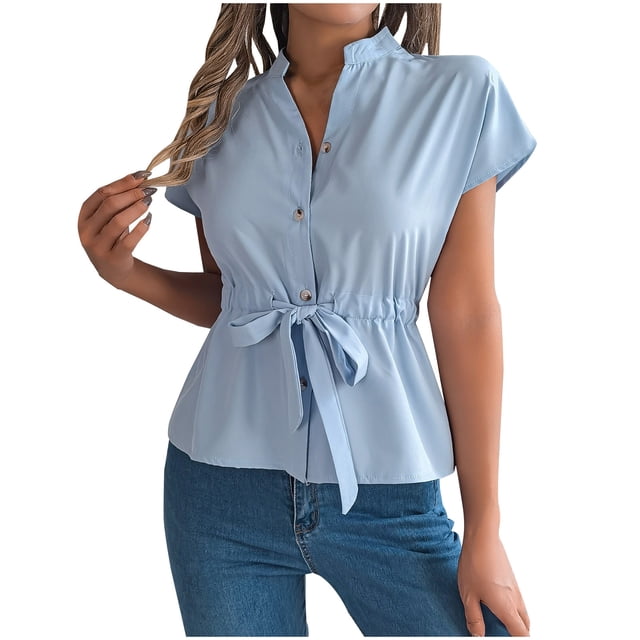 Yuyuzo Blouses for Women Dressy Casaul Cap Sleeve Button down Work Shirts Drawstring Waisted Ruffle Hem Business Office Top