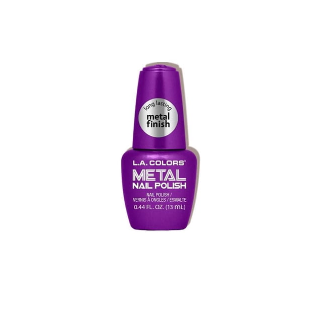 Metal Nail Polish by L.A. COLORS in a purple bottle with a long-lasting metal finish label, containing 0.44 fl. oz. (13 mL) of polish offering a radiant metallic effect ideal for nail care and styling.