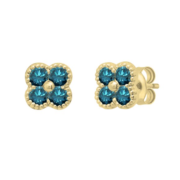 Dazzlingrock Collection Boucles d'Oreilles à Poussoir Fleuries en Diamant Bleu Rond pour Femmes (0,48 Ct. Couleur Bleu, Pureté I2-I3) en Or Jaune 14K
