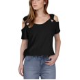 thumbnail image 1 of fheaev Hauts d'Été pour Femmes Épaules Dénudées Manches Courtes Dentelle Patchwork Col Rond Tunique Ample Blouses T-Shirt Décontracté Chic Vacances Travail, 1 of 7