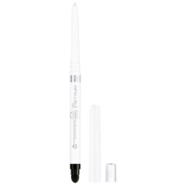 L'Oreal Paris Infallible Grip 36H Gel Mechanical Liner in white, a retractable gel eyeliner pencil with a smooth glide formula and built-in black smudger, shown uncapped with a removable white cap on a white background, ideal for long-lasting, smudge-resistant eye looks.
