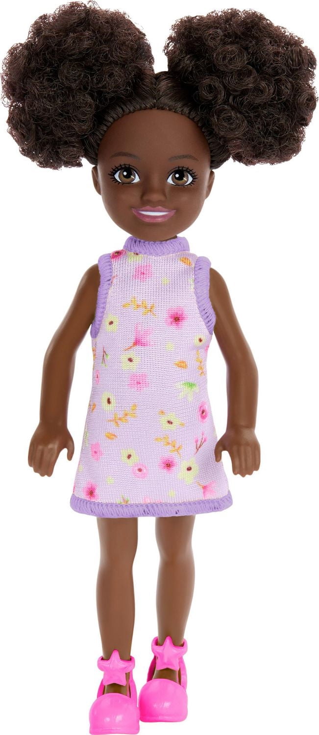Barbie  Chelsea  Petite poupée  Robe florale, chignons, yeux bruns