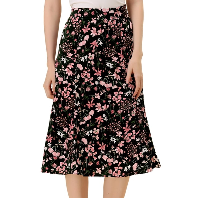 Unique Bargains Jupe Midi Évasée à Imprimé de Feuilles pour Femme, Noir, TG